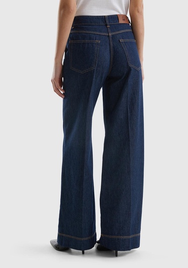  Kadın Mavi Bol Paça Denim Chino Pantolon