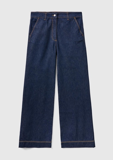  Kadın Mavi Bol Paça Denim Chino Pantolon