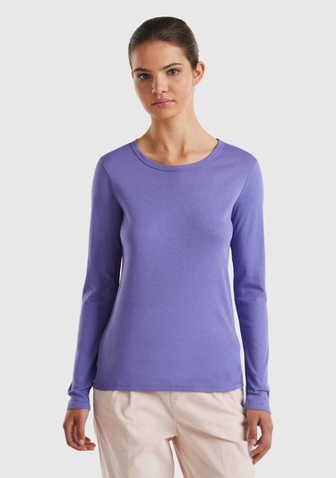  Kadın Mor Basic Bisiklet Yaka Uzun Kollu T-Shirt