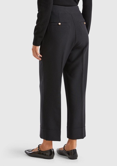  Kadın Siyah Yün ve Viskoz Karışımlı Pile Detaylı Kıvrık Paça Pantolon