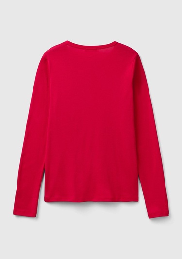  Kadın Kırmızı %100 Koton Bisiklet Yaka Benetton Yazılı Uzun Kollu T-Shirt