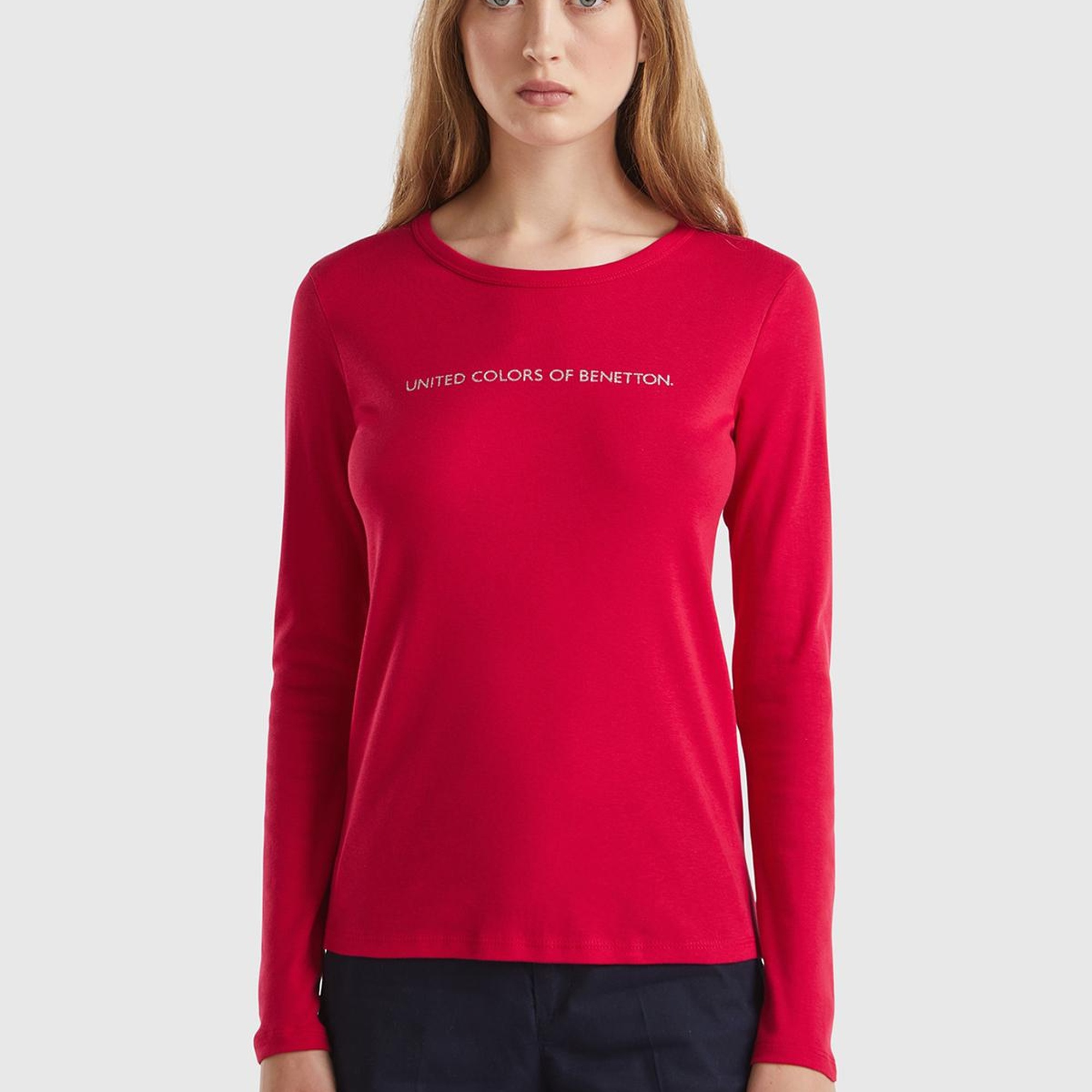 Kadın Kırmızı %100 Koton Bisiklet Yaka Benetton Yazılı Uzun Kollu T-Shirt