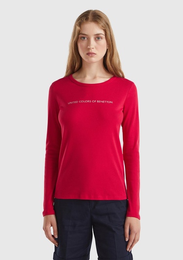  Kadın Kırmızı %100 Koton Bisiklet Yaka Benetton Yazılı Uzun Kollu T-Shirt