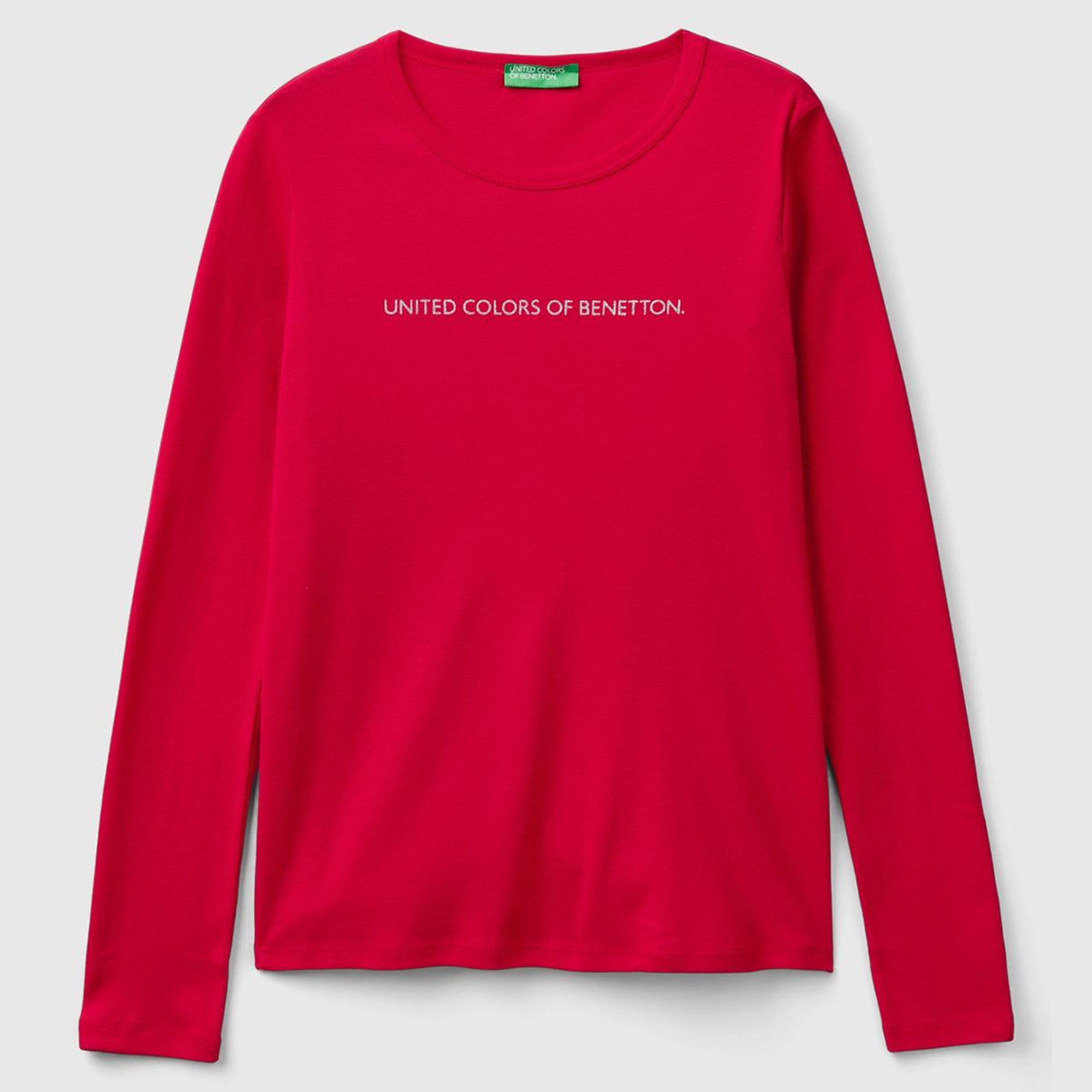 Kadın Kırmızı %100 Koton Bisiklet Yaka Benetton Yazılı Uzun Kollu T-Shirt