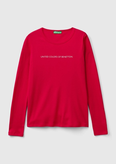  Kadın Kırmızı %100 Koton Bisiklet Yaka Benetton Yazılı Uzun Kollu T-Shirt