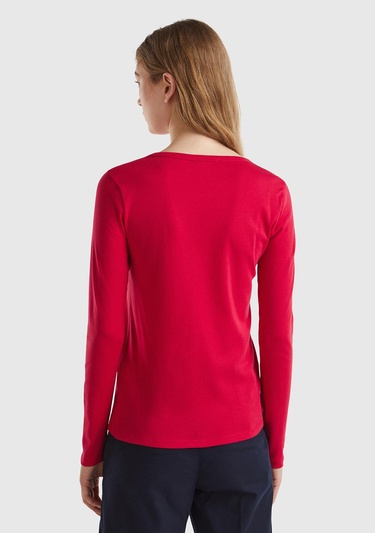  Kadın Kırmızı %100 Koton Bisiklet Yaka Benetton Yazılı Uzun Kollu T-Shirt