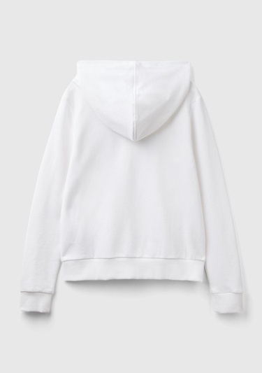  Kadın Beyaz %100 Koton Fermuarlı Kapüşonlu Renkli Biyeli Sweatshirt