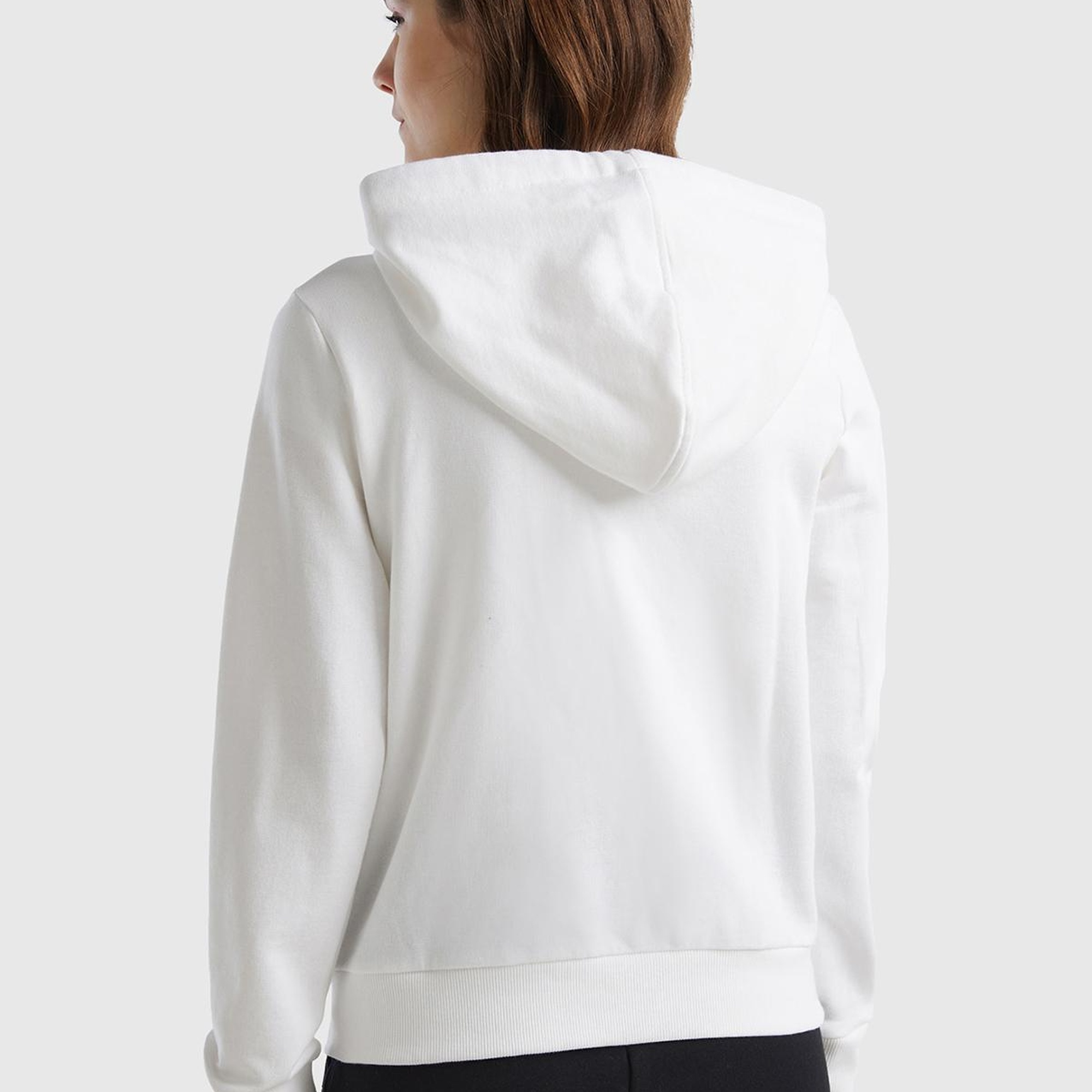 Kadın Beyaz %100 Koton Fermuarlı Kapüşonlu Renkli Biyeli Sweatshirt