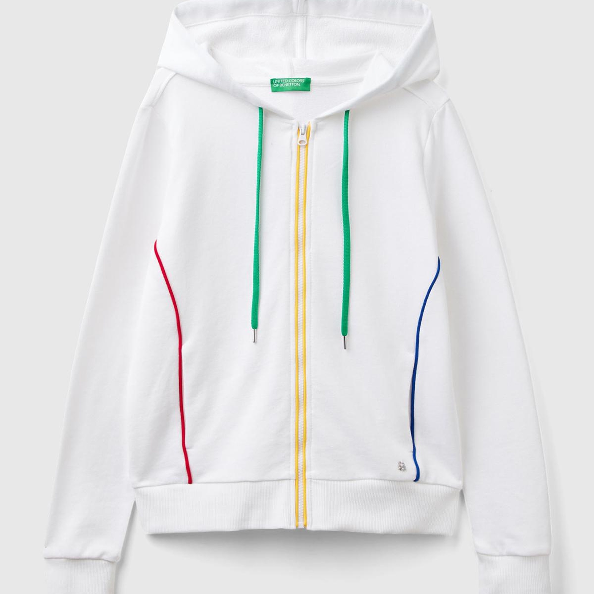 Kadın Beyaz %100 Koton Fermuarlı Kapüşonlu Renkli Biyeli Sweatshirt