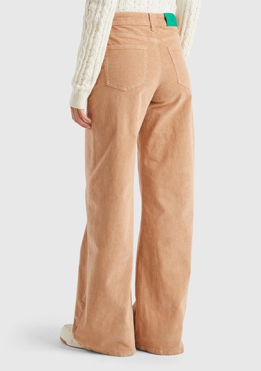  Kadın Taba Pamuk Karışımlı Arkası Logo Etiketli Geniş Paça  Kadife Pantolon