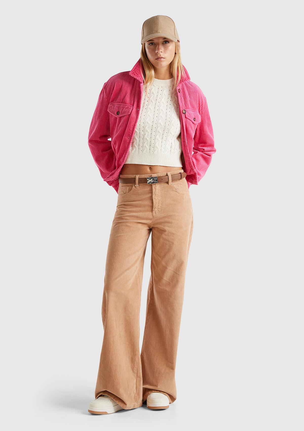  Kadın Taba Pamuk Karışımlı Arkası Logo Etiketli Geniş Paça  Kadife Pantolon