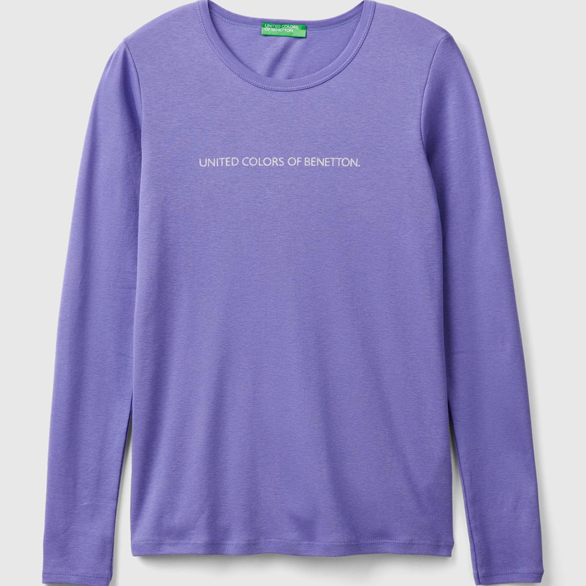 Kadın Mor %100 Koton Bisiklet Yaka Benetton Yazılı Uzun Kollu T-Shirt