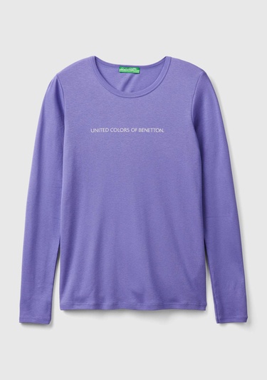  Kadın Mor %100 Koton Bisiklet Yaka Benetton Yazılı Uzun Kollu T-Shirt