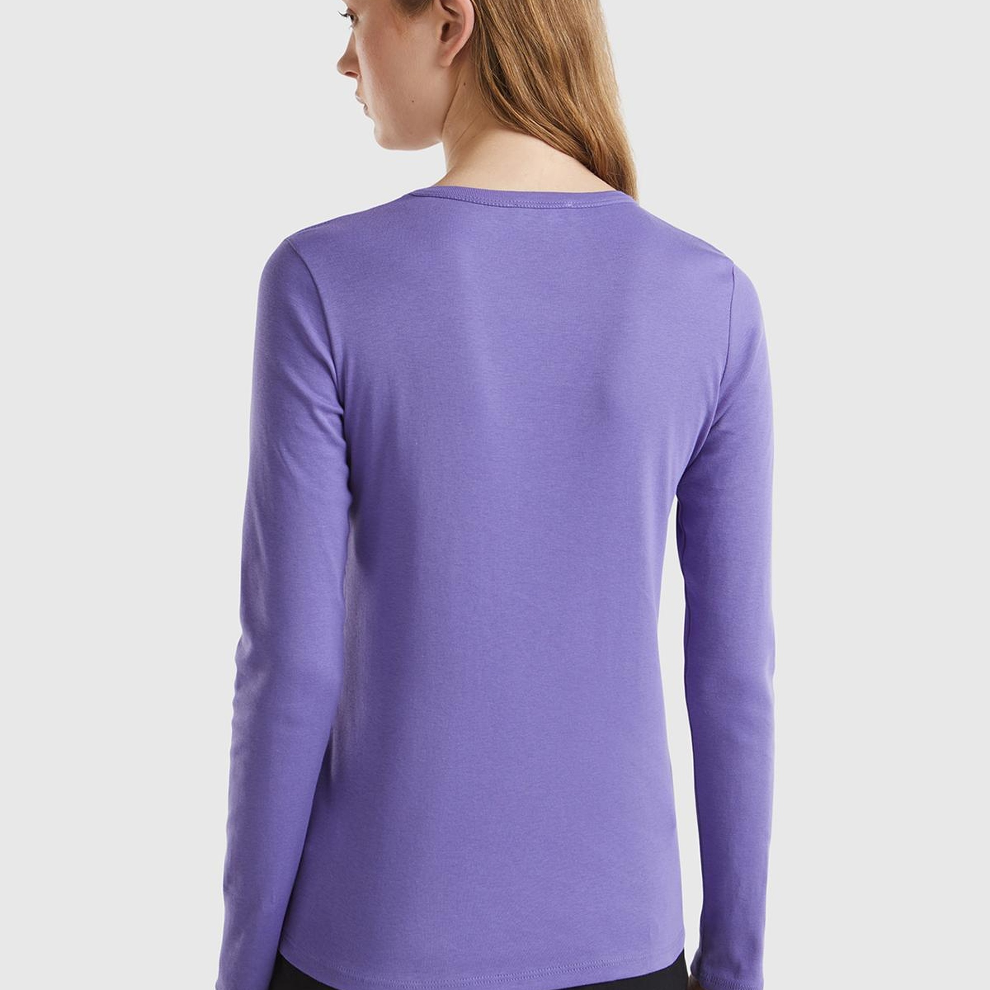 Kadın Mor %100 Koton Bisiklet Yaka Benetton Yazılı Uzun Kollu T-Shirt