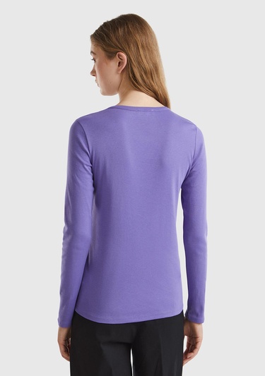  Kadın Mor %100 Koton Bisiklet Yaka Benetton Yazılı Uzun Kollu T-Shirt