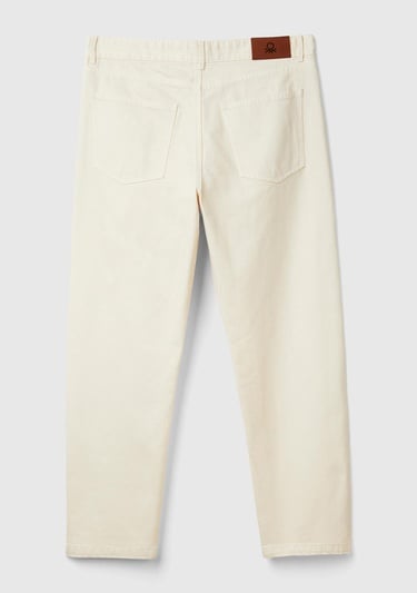  Erkek Krem %100 Pamuk Yanları Cepli Arkası Logo Etiketli Denim Pantolon