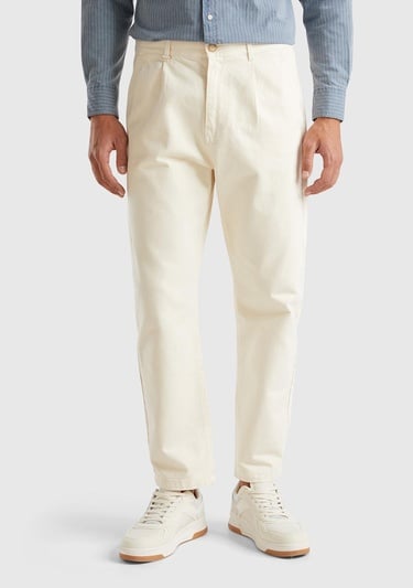  Erkek Krem %100 Pamuk Yanları Cepli Arkası Logo Etiketli Denim Pantolon