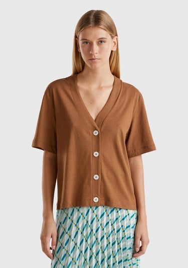  Kadın Kahverengi Pamuk ve Keten Karışımlı Yarım Kollu V Yaka Hırka