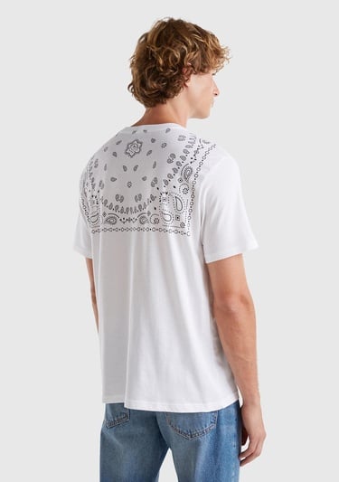  Erkek Beyaz %100 Pamuk Önü ve Arkası Baskılı Yuvarlak Yaka T-Shirt