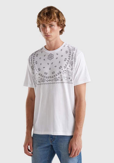  Erkek Beyaz %100 Pamuk Önü ve Arkası Baskılı Yuvarlak Yaka T-Shirt