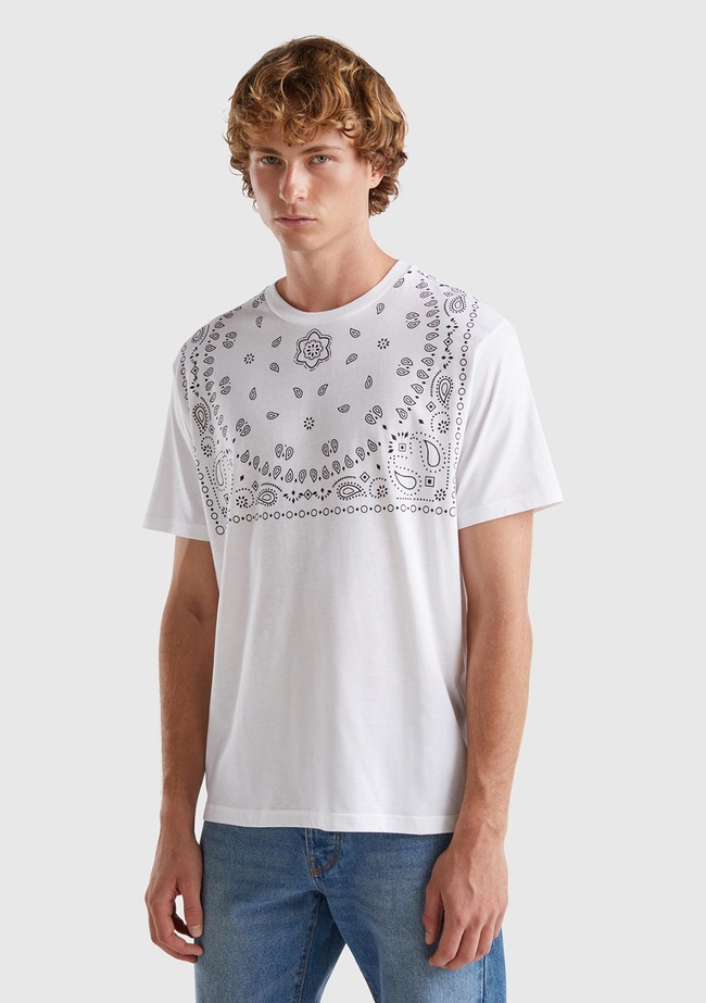  Erkek Beyaz %100 Pamuk Önü ve Arkası Baskılı Yuvarlak Yaka T-Shirt