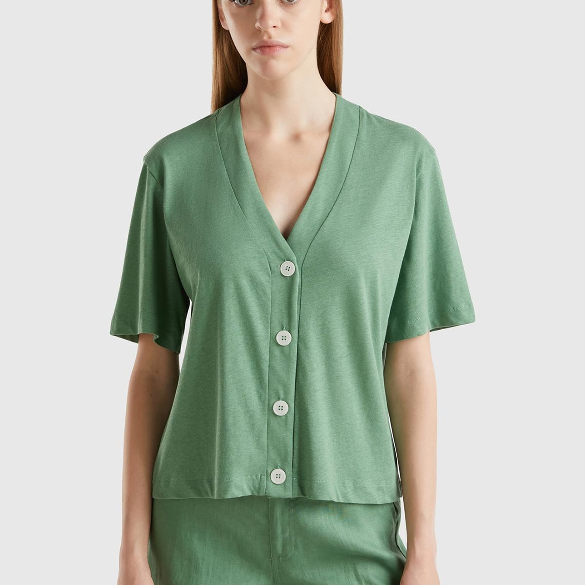 Kadın Mint Yeşili Pamuk ve Keten Karışımlı Yarım Kollu V Yaka Hırka