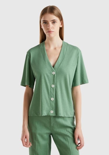 Kadın Mint Yeşili Pamuk ve Keten Karışımlı Yarım Kollu V Yaka Hırka