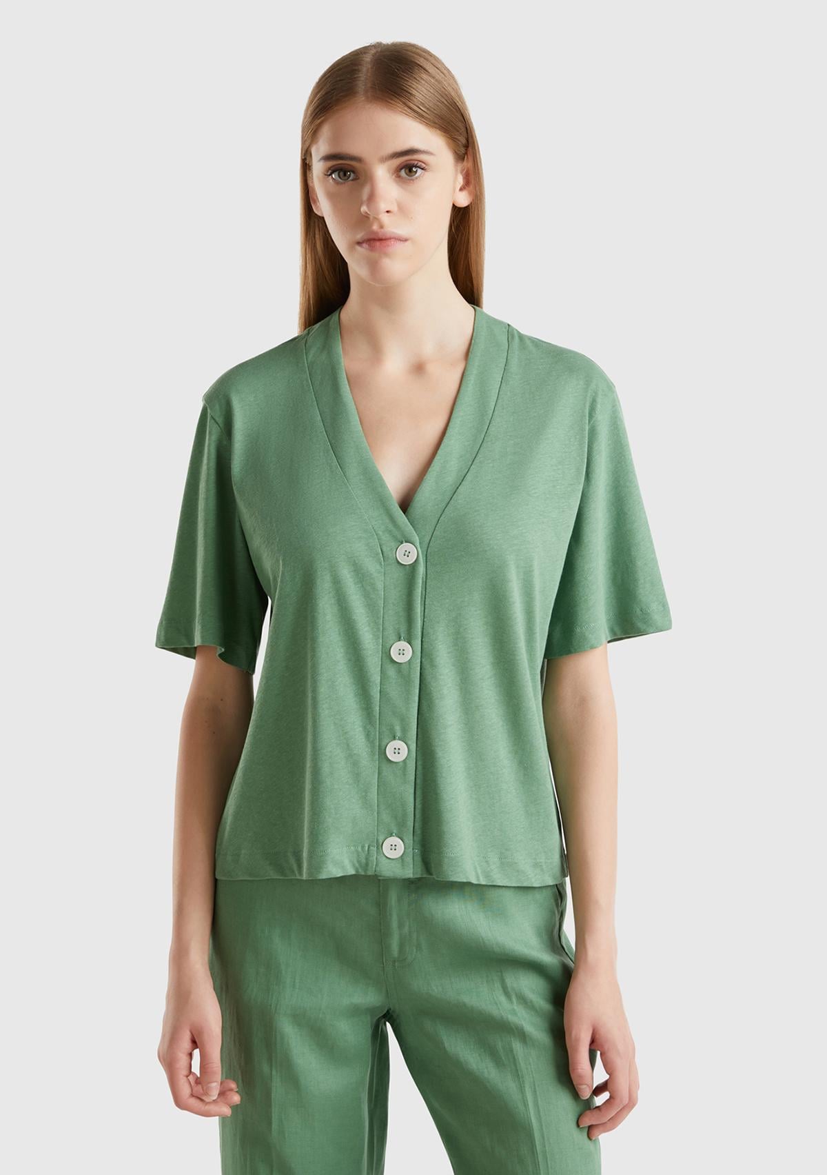  Kadın Mint Yeşili Pamuk ve Keten Karışımlı Yarım Kollu V Yaka Hırka