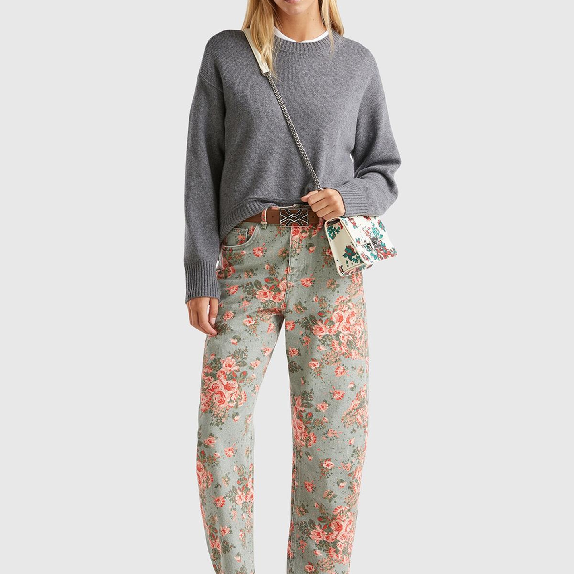 Kadın Yeşil %100 Pamuk Tamamı Çiçek Desenli 5 Cepli Balon Pantolon