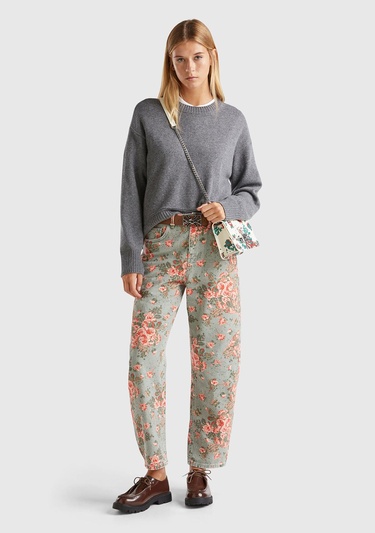  Kadın Yeşil %100 Pamuk Tamamı Çiçek Desenli 5 Cepli Balon Pantolon