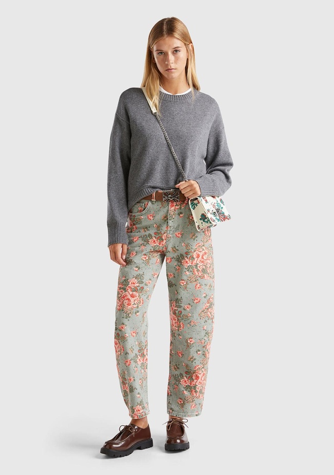  Kadın Yeşil %100 Pamuk Tamamı Çiçek Desenli 5 Cepli Balon Pantolon