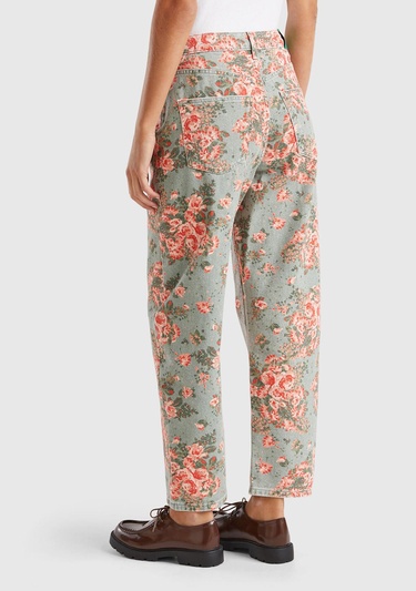  Kadın Yeşil %100 Pamuk Tamamı Çiçek Desenli 5 Cepli Balon Pantolon