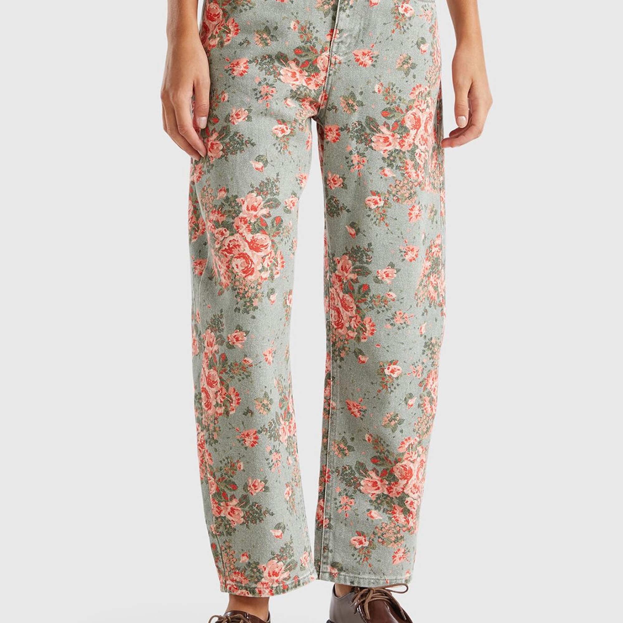 Kadın Yeşil %100 Pamuk Tamamı Çiçek Desenli 5 Cepli Balon Pantolon