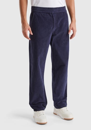  Erkek Lacivert Pamuk Karışımlı Önü ve Arkası Cepli Büzgü İpli  Kadife Pantolon