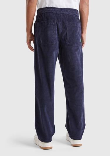  Erkek Lacivert Pamuk Karışımlı Önü ve Arkası Cepli Büzgü İpli  Kadife Pantolon