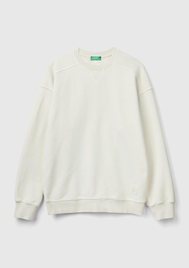  Erkek Beyaz Pamuk Karışımlı Önü Logo Detaylı Bisiklet Yaka Sweatshirt