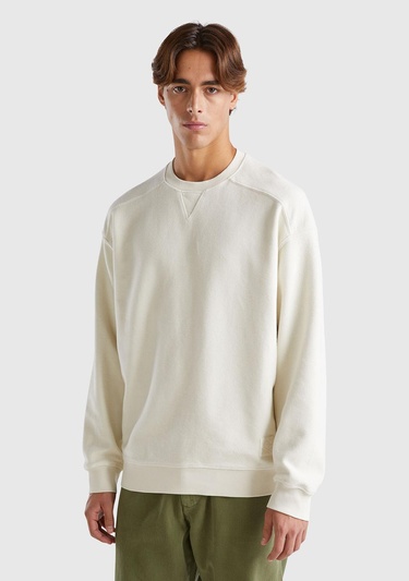  Erkek Beyaz Pamuk Karışımlı Önü Logo Detaylı Bisiklet Yaka Sweatshirt