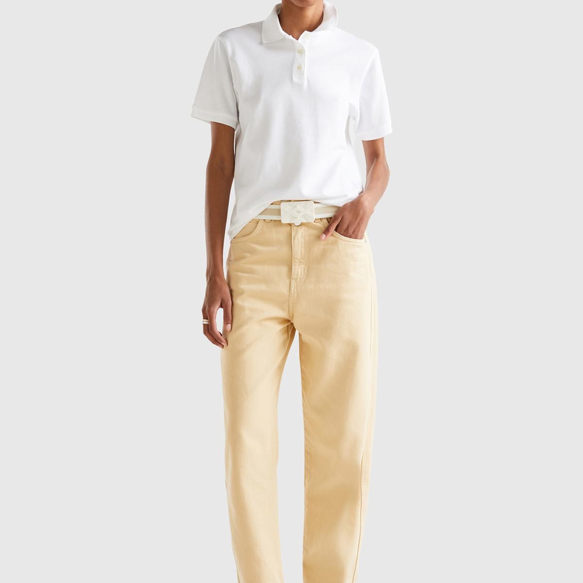 Kadın Beyaz Streç Pamuklu Sol Altı Logo Baskılı Polo T-Shirt