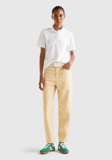  Kadın Beyaz Streç Pamuklu Sol Altı Logo Baskılı Polo T-Shirt