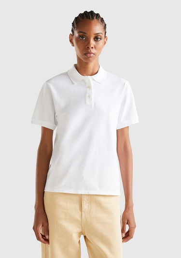  Kadın Beyaz Streç Pamuklu Sol Altı Logo Baskılı Polo T-Shirt