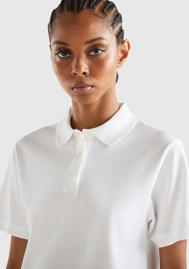  Kadın Beyaz Streç Pamuklu Sol Altı Logo Baskılı Polo T-Shirt