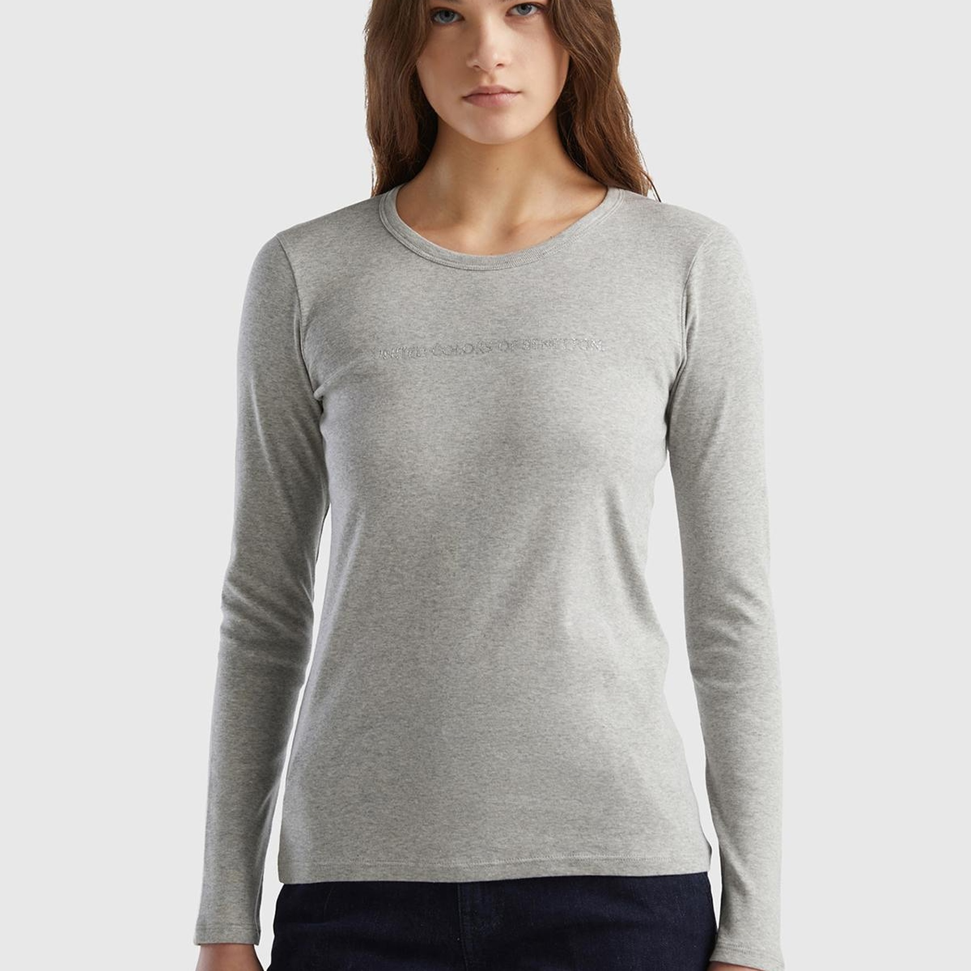 Kadın Gri Melanj %100 Koton Bisiklet Yaka Benetton Yazılı Uzun Kollu T-Shirt