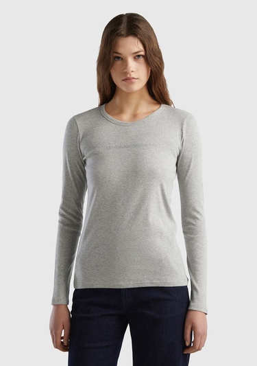  Kadın Gri Melanj %100 Koton Bisiklet Yaka Benetton Yazılı Uzun Kollu T-Shirt
