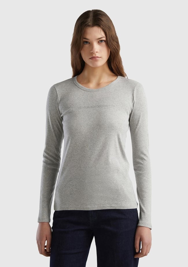  Kadın Gri Melanj %100 Koton Bisiklet Yaka Benetton Yazılı Uzun Kollu T-Shirt