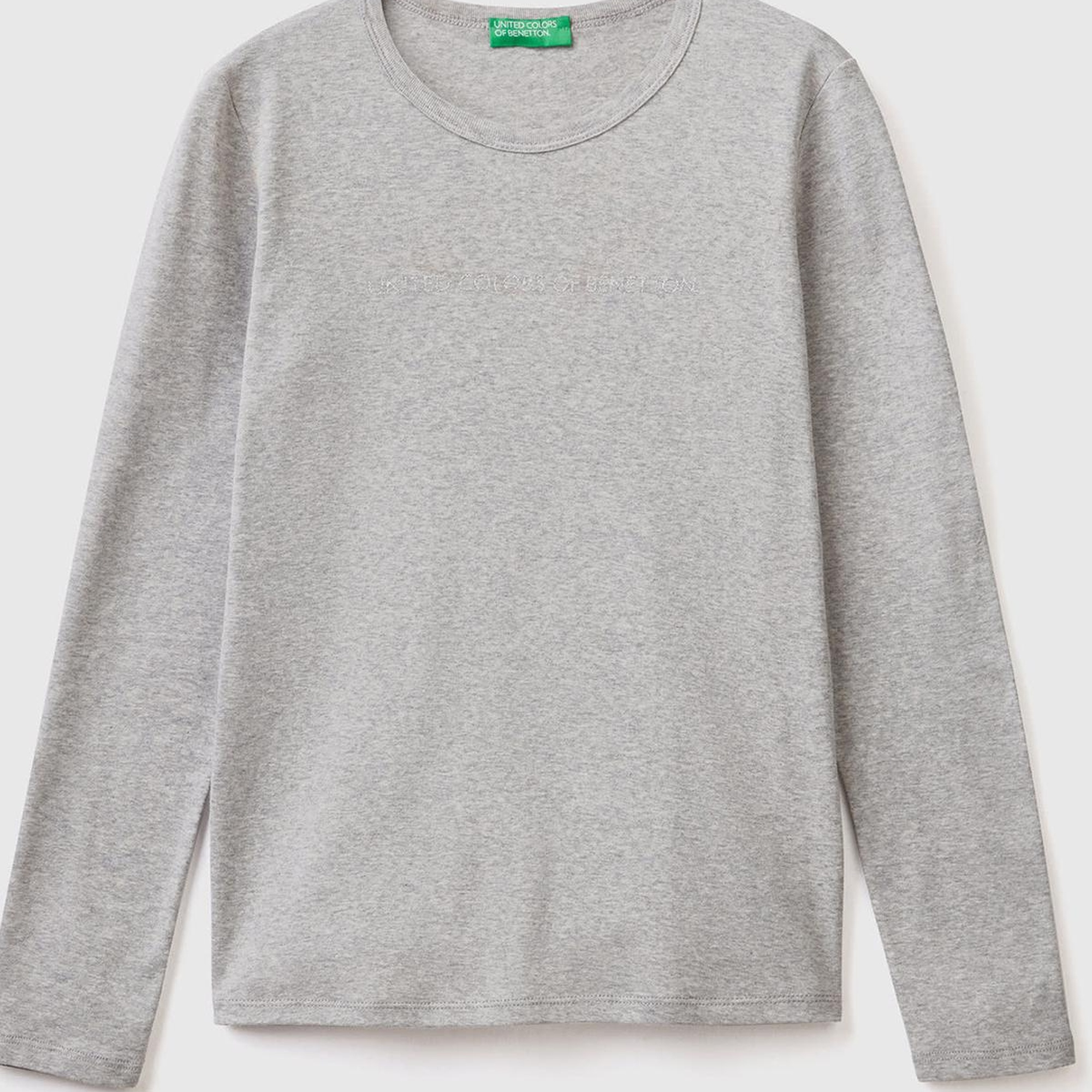 Kadın Gri Melanj %100 Koton Bisiklet Yaka Benetton Yazılı Uzun Kollu T-Shirt