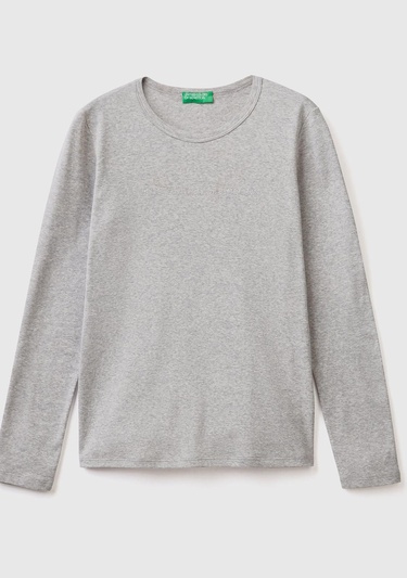  Kadın Gri Melanj %100 Koton Bisiklet Yaka Benetton Yazılı Uzun Kollu T-Shirt