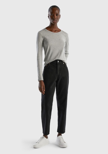  Kadın Gri Melanj %100 Koton Bisiklet Yaka Benetton Yazılı Uzun Kollu T-Shirt