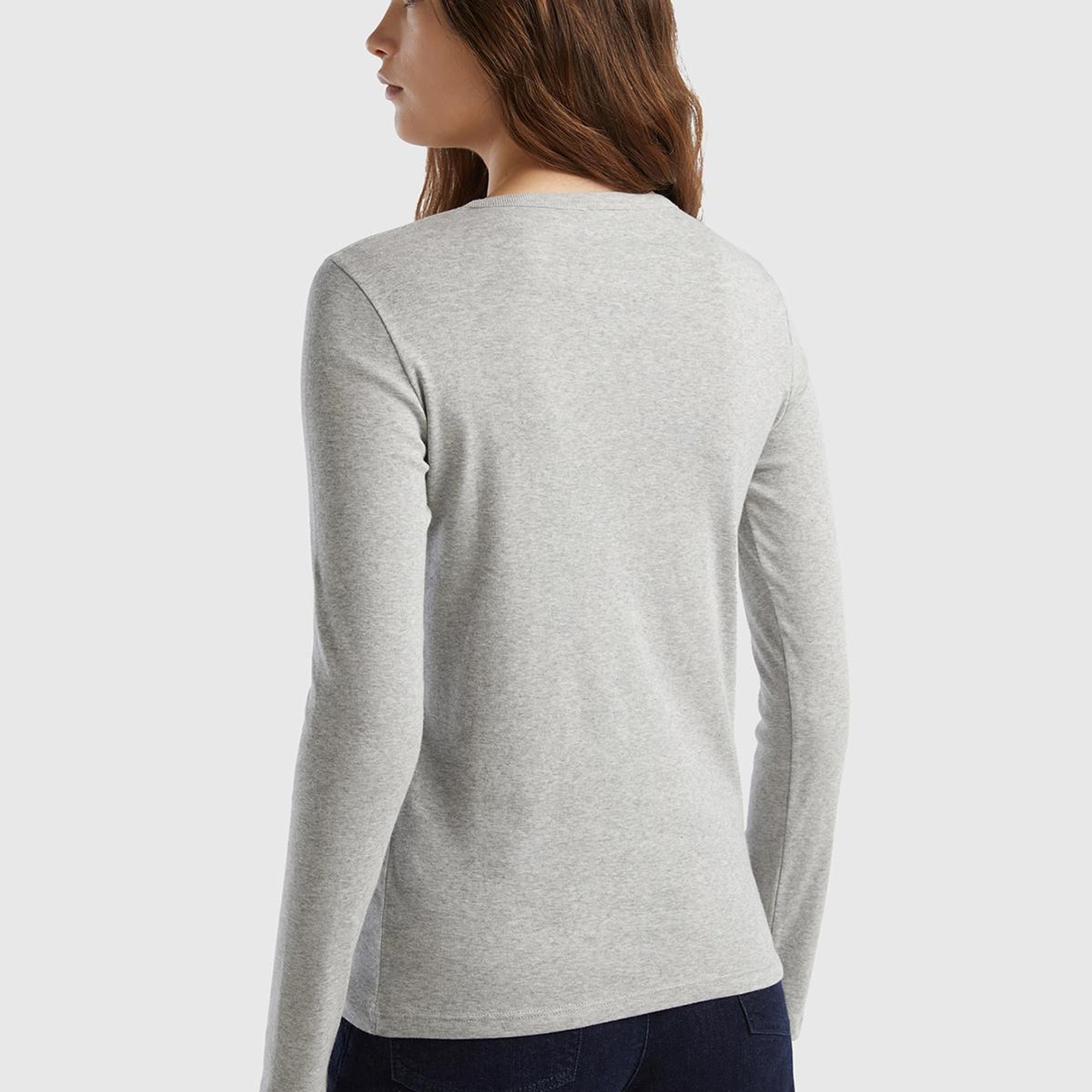 Kadın Gri Melanj %100 Koton Bisiklet Yaka Benetton Yazılı Uzun Kollu T-Shirt