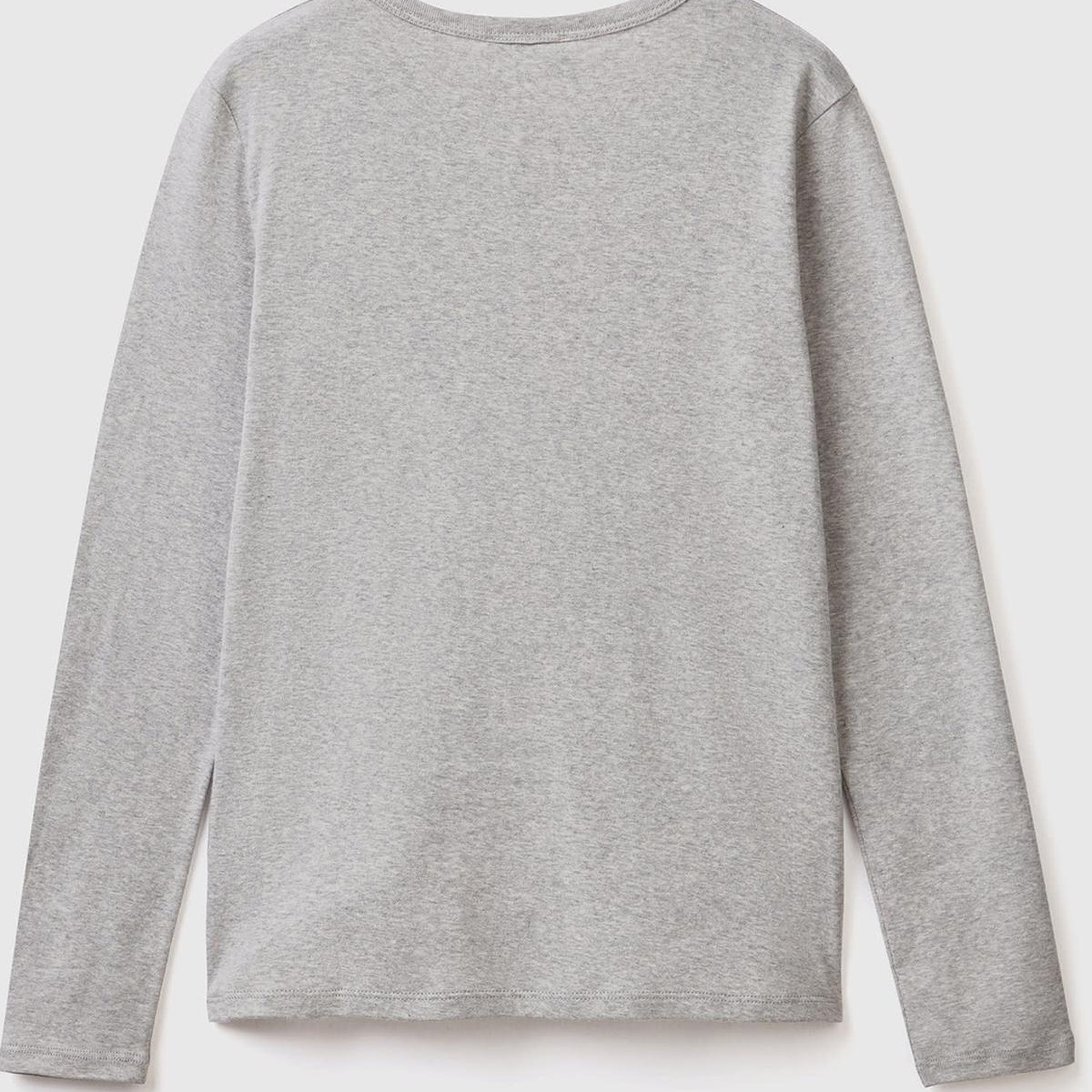 Kadın Gri Melanj %100 Koton Bisiklet Yaka Benetton Yazılı Uzun Kollu T-Shirt