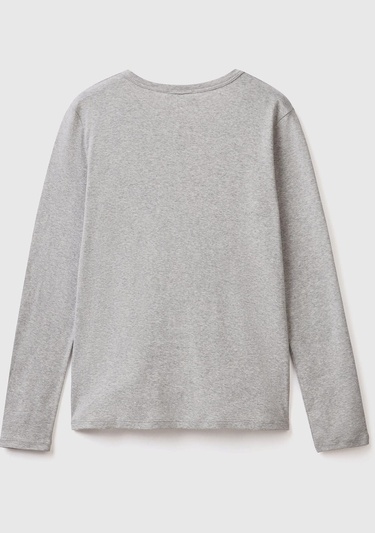  Kadın Gri Melanj %100 Koton Bisiklet Yaka Benetton Yazılı Uzun Kollu T-Shirt